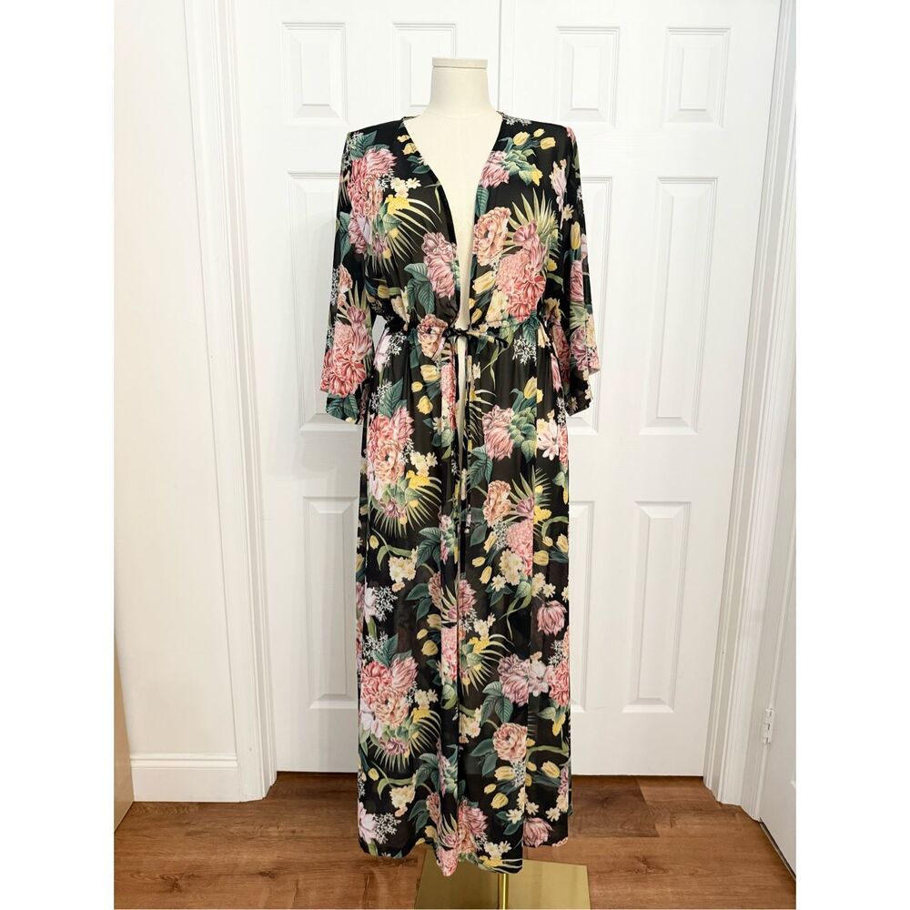 Jantzen Womens Black Floral Isn't It Romantic Kimono‎ Swim Cover Up Large NWT